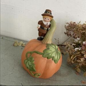 Vintage Avon Pumpkin Gourd Thanksgiving Bell Pilgrim Boy Bisque Ceramic Clacker